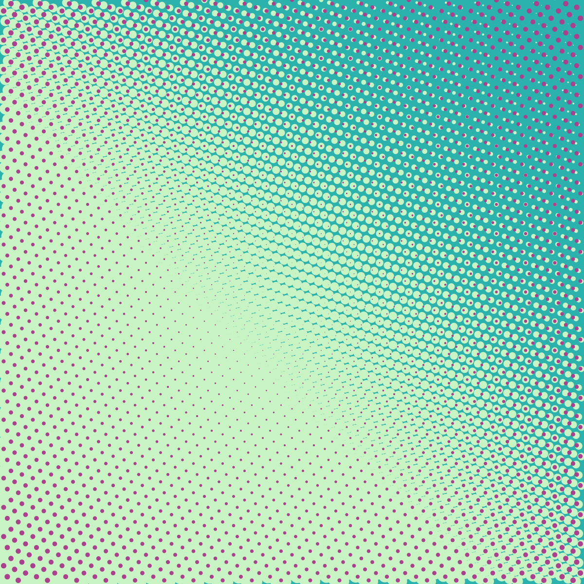 Two overlapping grids of purple and lime dots on a teal background